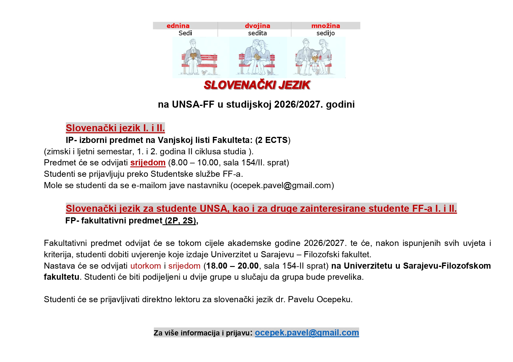 Obavijest o mogućnostima učenja slovenačkog jezika u okviru Lektorata za slovenački jezik u akademskoj 2026/2027.
